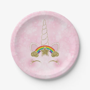 Rosa Herzen Gold Regenbogen Stern Einhornhorn Gesi Pappteller