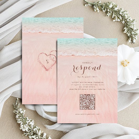 Rosa Herzen im Sandstrand Hochzeit QR-Code RSVP Karte