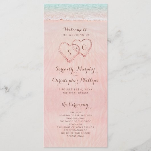 Rosa Herzen im Sandstrand Hochzeitsprogramm Programm (Vorderseite)