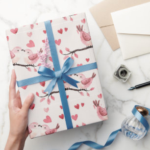Rosa Herzen Liebesvögel Valentinstag Hochzeit Geschenkpapier