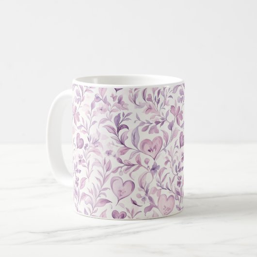 Rosa Herzen Lila Blätter Kaffeetasse (Vorderseite Links)