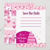 Rosa Herzen mit Kuchen Einladung (Vorne/Hinten)