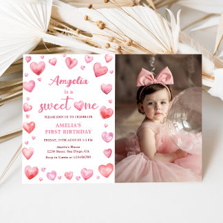 Rosa Herzen Sweet One Valentine 1. Geburtstag Foto Einladung