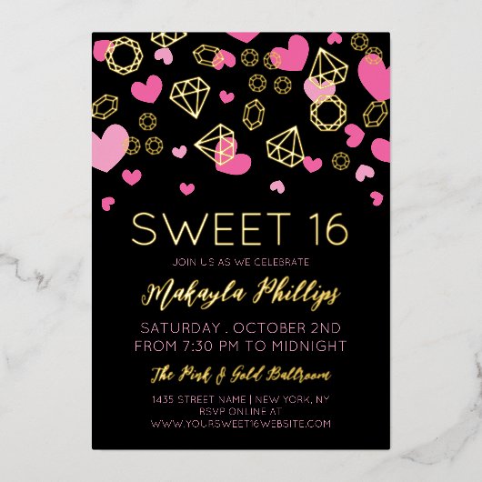 Rosa Herzen und goldene Edelsteine süß 16 Folieneinladung (Vorderseite)