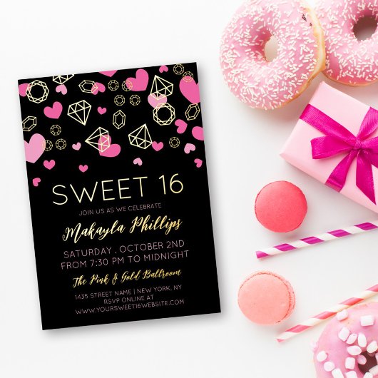 Rosa Herzen und goldene Edelsteine süß 16 Folieneinladung