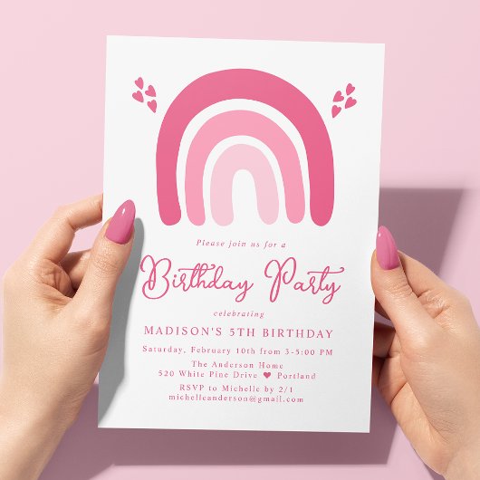 Rosa Herzen und Regenbogen Geburtstagsparty Einladung