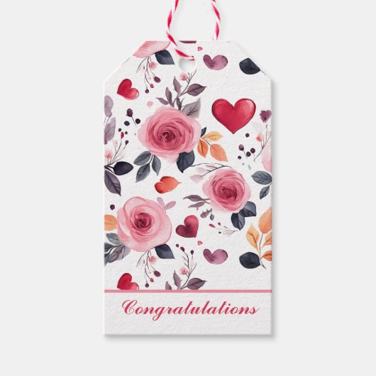 Rosa Herzen und Rose Glückwunsch Geschenkanhänger (Vorderseite)