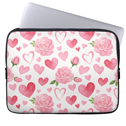 Rosa Herzen und Rose Laptopschutzhülle (Vorderseite)