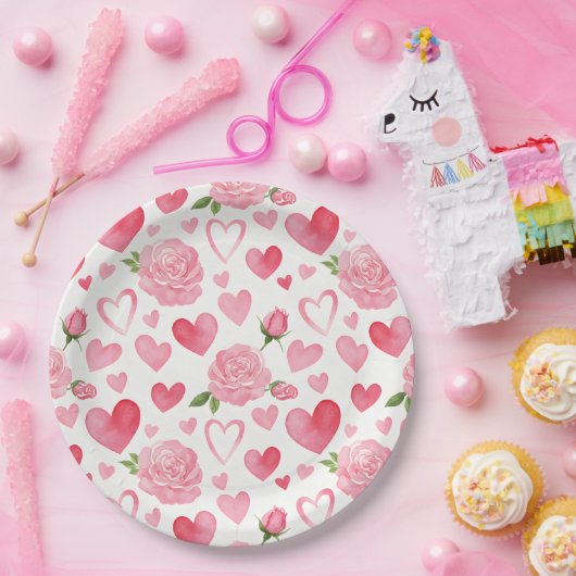 Rosa Herzen und Rose Pappteller (Party)