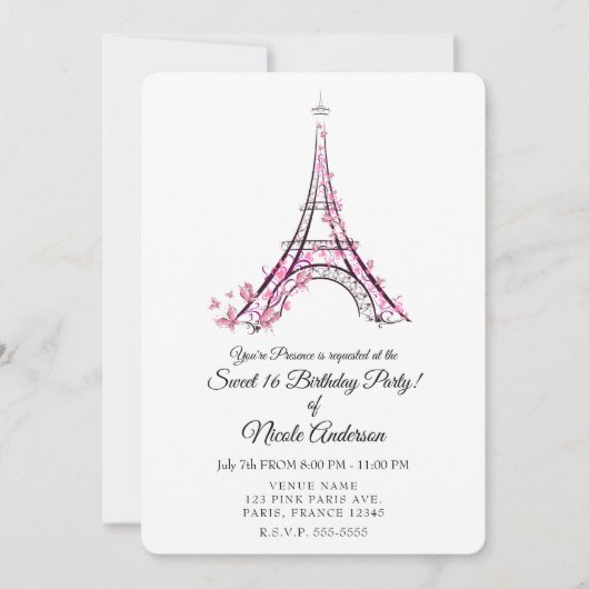 Rosa Herzen und Schmetterlinge Paris Eiffel Tower Einladung (Vorderseite)