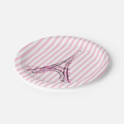 Rosa Herzen und Schmetterlinge Paris Eiffel Tower Pappteller (Schrägansicht)