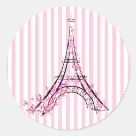 Rosa Herzen und Schmetterlinge Paris Eiffel Tower  Runder Aufkleber