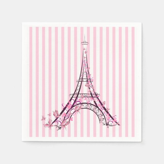 Rosa Herzen und Schmetterlinge Paris Eiffel Tower Serviette (Vorderseite)