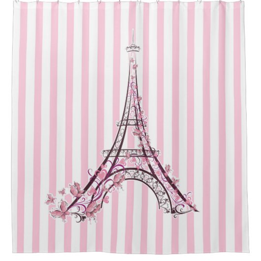 Rosa Herzen und Schmetterlinge Paris Eiffelturm Duschvorhang (Vorderseite)