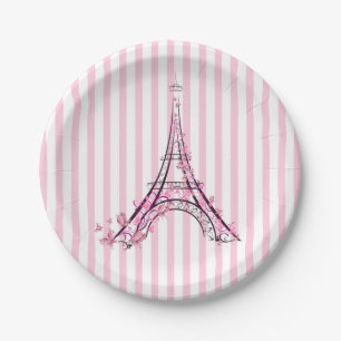 Rosa Herzen und Schmetterlinge Paris Eiffelturm Pa Pappteller