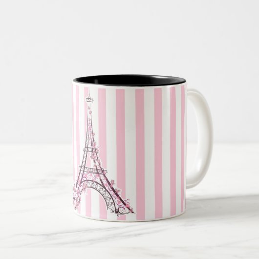 Rosa Herzen und Schmetterlinge Paris Eiffelturm Zweifarbige Tasse (VorderseiteRechts)