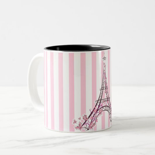 Rosa Herzen und Schmetterlinge Paris Eiffelturm Zweifarbige Tasse (Vorderseite Links)