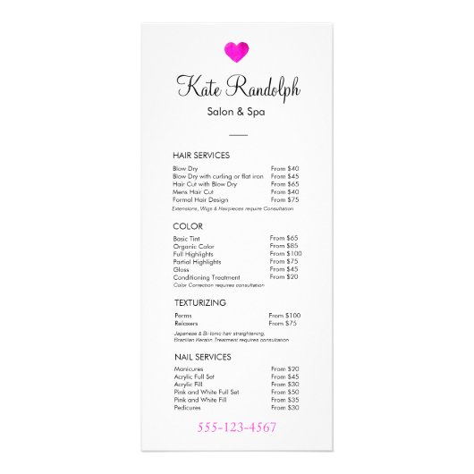 Rosa Herzmuskel Stylist White Price List Menü (Vorne)