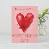 Rosa Herzstück süß 16. Geburtstagsparty Einladung (Stehend Vorderseite)