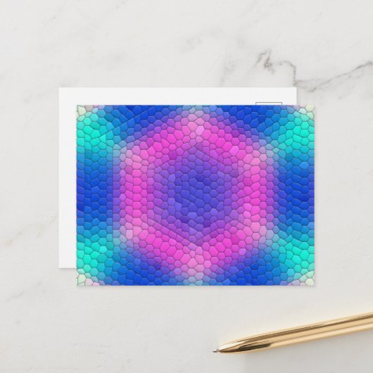 Rosa Hexagon Mosaik auf blauem Gradient Postkarte (Vorderseite/Rückseite Beispiel)