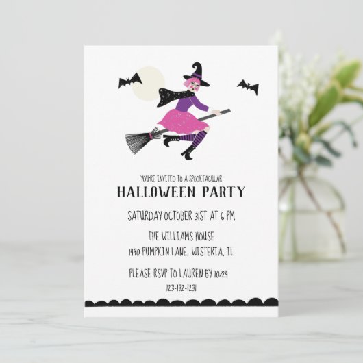 Rosa-Hexe-Halloween-Party Einladung (Stehend Vorderseite)