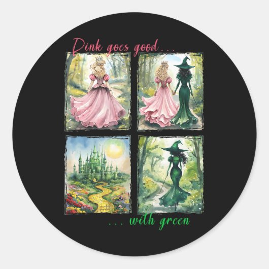 Rosa Hexe wird gut mit grüner Halloween-Hexe Runder Aufkleber (Vorderseite)