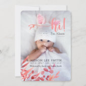 Rosa "Hi" mit Blätter Geburtskarte Ankündigung (Vorderseite)