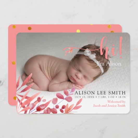 Rosa "Hi" mit Blätter Geburtskarte Ankündigung (Vorne/Hinten)