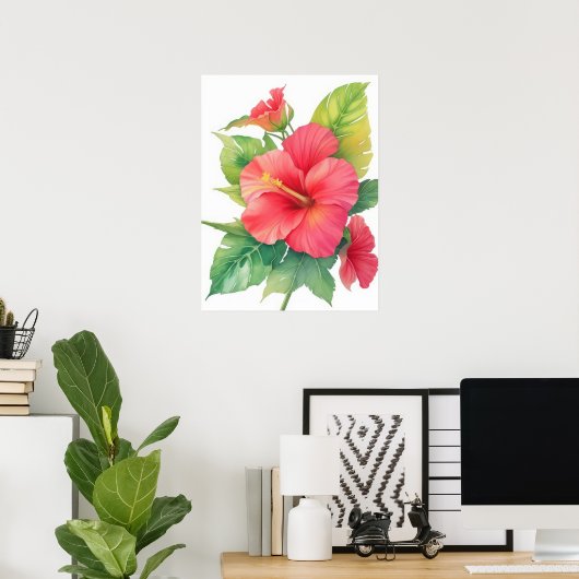 Rosa Hibiskus Aquarell Blume Poster (Heimbüro)