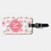 Rosa Hibiskus Aquarellfarben-Blume Monogramm Gepäckanhänger (Vorderseite horizontal)