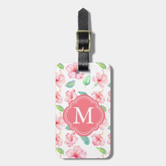Rosa Hibiskus Aquarellfarben-Blume Monogramm Gepäckanhänger (Vorderseite vertikal)
