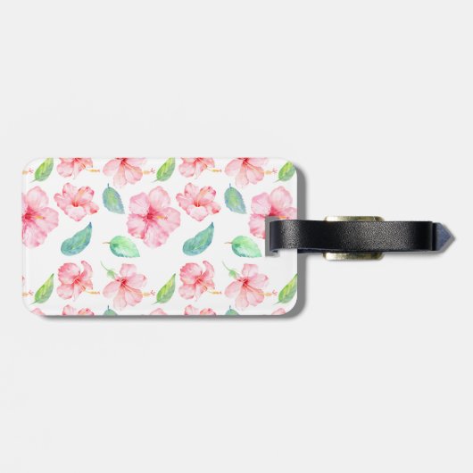 Rosa Hibiskus Aquarellfarben-Blume Monogramm Gepäckanhänger (Rückseite horizontal)