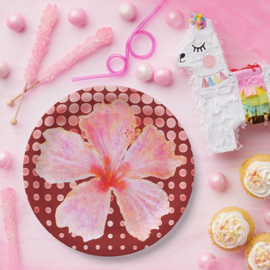 Rosa Hibiskus auf rot gepunktetem Hintergrund Pappteller (Party)