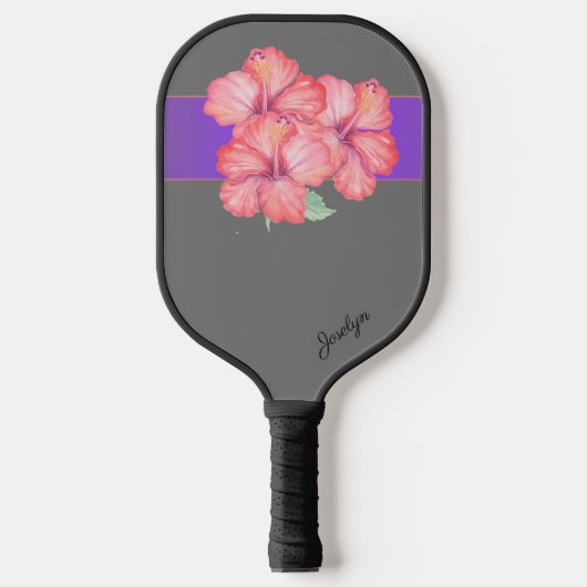 Rosa Hibiskus Blume auf Grau Personalisiert Pickleball Schläger (Vorderseite)
