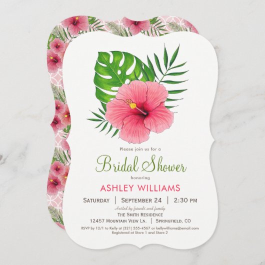 Rosa Hibiskus Blume Brautdusche Einladung (Vorne/Hinten)