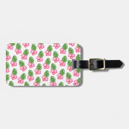 Rosa Hibiskus Blume mit Monstera Individuelle Name Gepäckanhänger (Vorderseite horizontal)