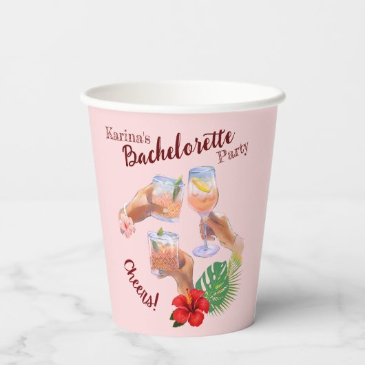 Rosa Hibiskus Blume Palm Blätter Beach Party Pappbecher (Rückseite)