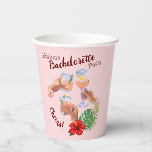 Rosa Hibiskus Blume Palm Blätter Beach Party Pappbecher (Vorderseite)