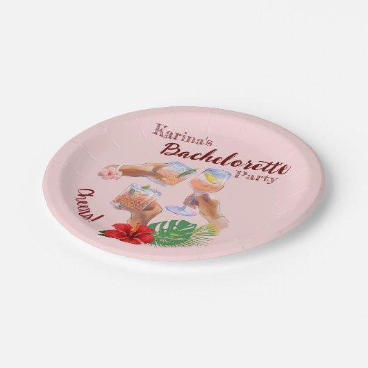 Rosa Hibiskus Blume Palm Blätter Beach Party Pappteller (Schrägansicht)