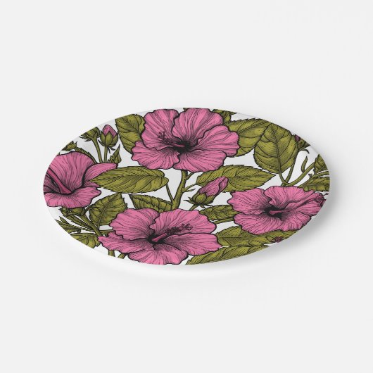 Rosa Hibiskus Blume Pappteller (Schrägansicht)