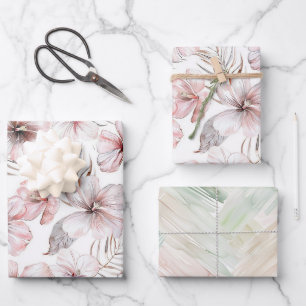 Rosa Hibiskus-Blumen Geburtstag Geschenkpapier Set