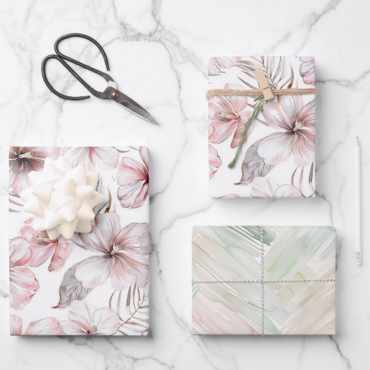 Rosa Hibiskus-Blumen Geburtstag Geschenkpapier Set (Vorderseite)