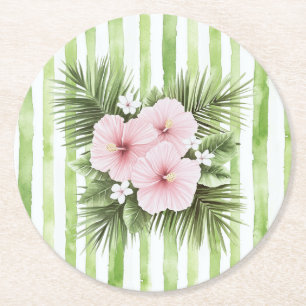 Rosa Hibiskus Blumen Grün Streifen Brautparty Runder Pappuntersetzer