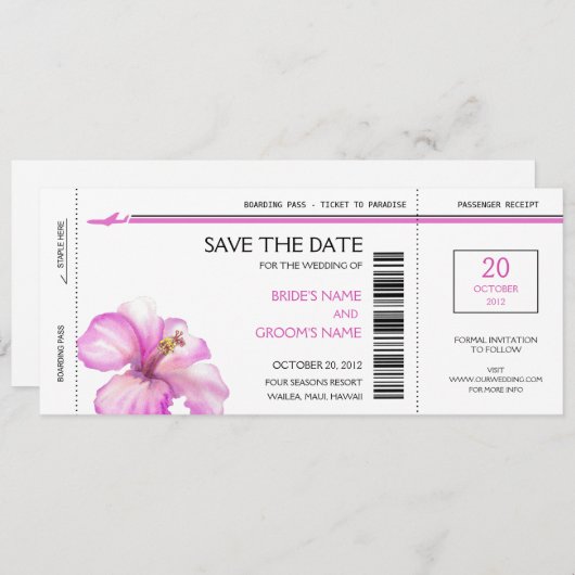 Rosa Hibiskus Boarding Pass auf die Datumskarten Save The Date (Vorne/Hinten)