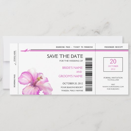 Rosa Hibiskus Boarding Pass auf die Datumskarten Save The Date (Vorderseite)