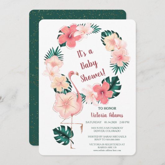 Rosa Hibiskus Flamingo Kinderdusche Einladung (Vorne/Hinten)
