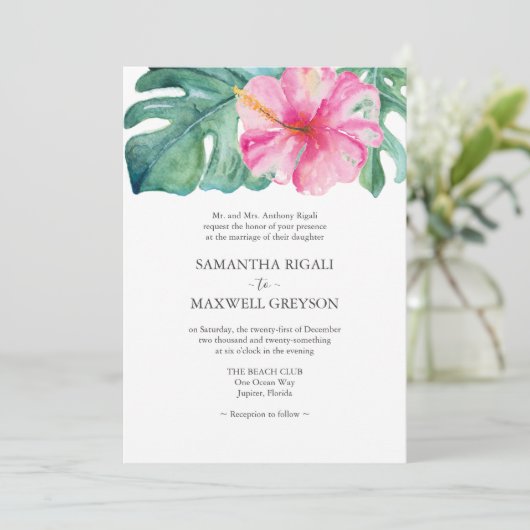 Rosa Hibiskus Monstera Leaf feierliche Hochzeit Einladung (Stehend Vorderseite)