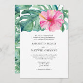 Rosa Hibiskus Monstera Leaf feierliche Hochzeit Einladung (Vorne/Hinten)