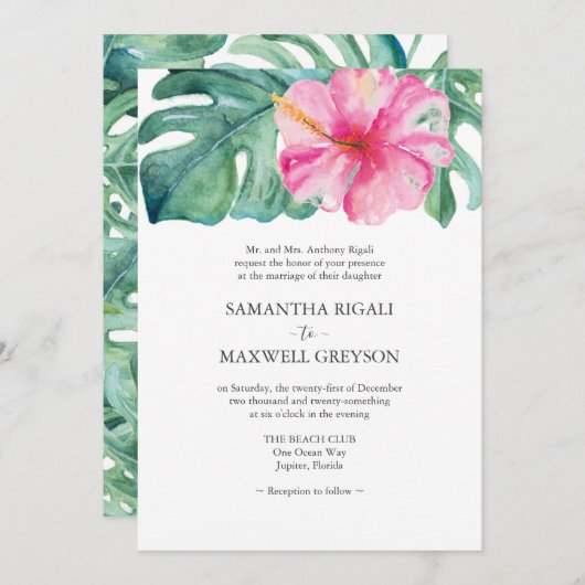 Rosa Hibiskus Monstera Leaf feierliche Hochzeit Einladung (Vorne/Hinten)