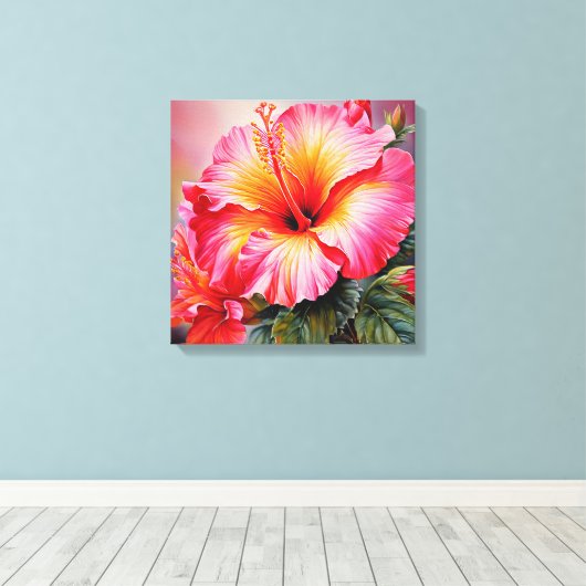 Rosa Hibiskus Stretched Canvas Print Leinwanddruck (Insitu (Holzboden))
